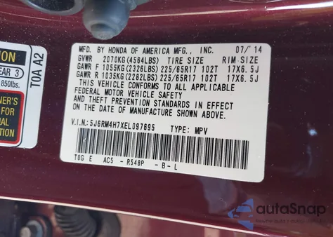 2014 Honda Cr-V Ex-L z USA, uszkodzony, nr VIN 5J6RM4H7XEL097695